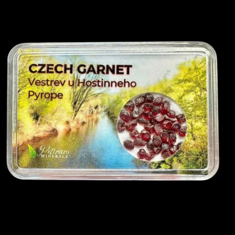 Český granát (pyrop) v krabičce – Vestřev u Hostinného, ČR
